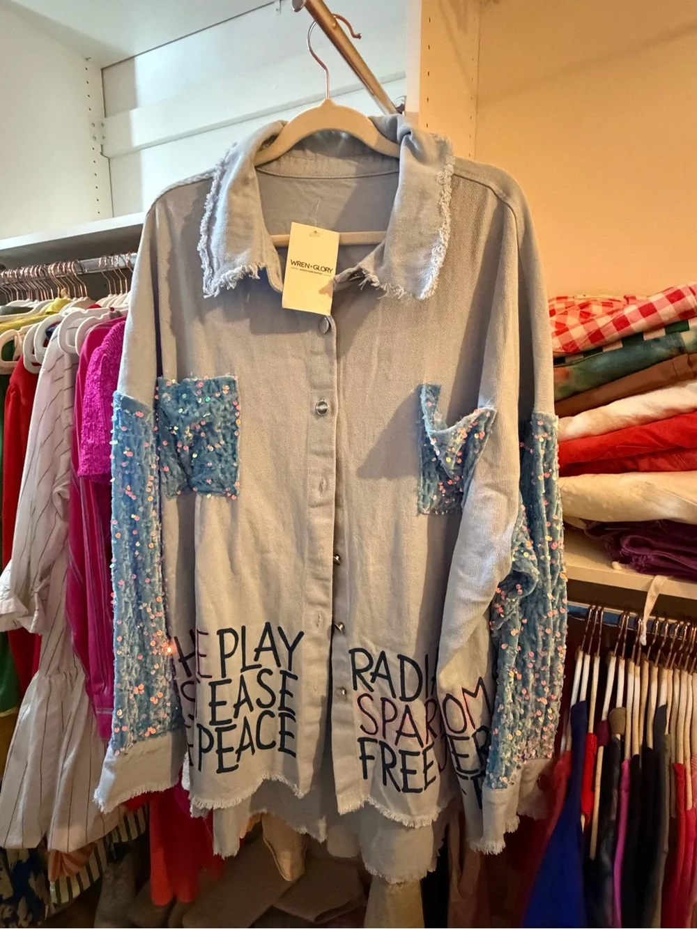 Wren + Glory Drift Days Light Blue Sequin-Sleeve Graphic Jean Jacket/Shirt